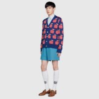 Gucci Men GG Les Pommes Cotton Cardigan Dark Blue Red Apple Knit Cotton Jacquard (2)