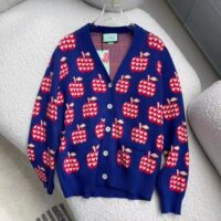 Gucci Men GG Les Pommes Cotton Cardigan Dark Blue Red Apple Knit Cotton Jacquard (2)