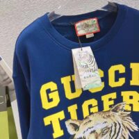 Gucci Men GG Tiger Cotton Sweatshirt Blue Felted Jersey Crewneck