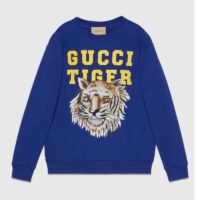 Gucci Men GG Tiger Cotton Sweatshirt Blue Felted Jersey Crewneck