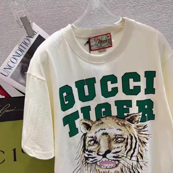 Gucci Men GG Tiger Cotton T-Shirt White Jersey Tiger Head Crewneck (10)