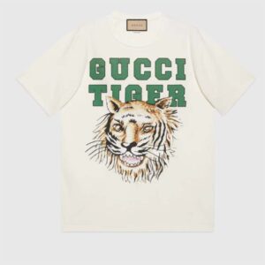 Gucci Men GG Tiger Cotton T-Shirt White Jersey Tiger Head Crewneck