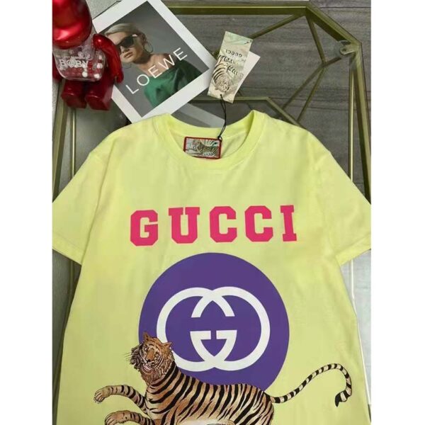 Gucci Men GG Tiger Interlocking G T-Shirt Yellow Cotton Jersey Flower Crewneck Oversize Fit (1)