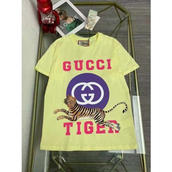 Gucci Men GG Tiger Interlocking G T-Shirt Yellow Cotton Jersey Flower Crewneck Oversize Fit (3)