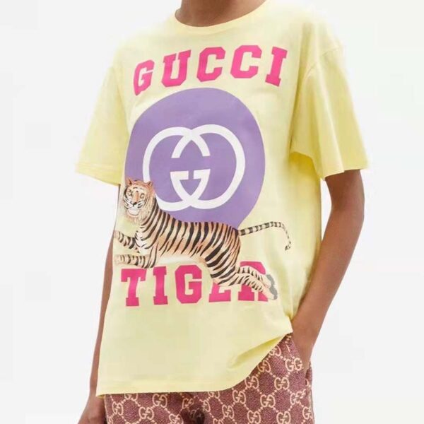 Gucci Men GG Tiger Interlocking G T-Shirt Yellow Cotton Jersey Flower Crewneck Oversize Fit (6)