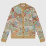 Gucci Herren GG Tiger Jacquard Cardigan Gold Grün Tiger Flower Extra Fine Lurex Rundhals