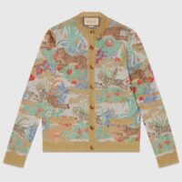 Gucci Men GG Tiger Jacquard Cardigan Gold Green Tiger Flower Extra Fine Lurex Crewneck (8)