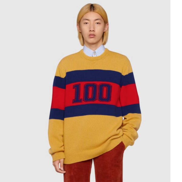 Gucci Men Gucci 100 Wool Sweater Yellow Wool Blue Red Web 100 Intarsia (4)