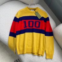 Gucci Men Gucci 100 Wool Sweater Yellow Wool Blue Red Web 100 Intarsia (5)