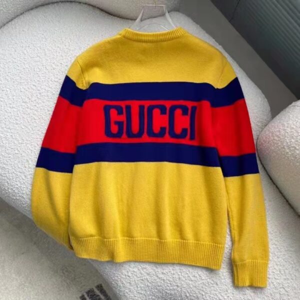 Gucci Men Gucci 100 Wool Sweater Yellow Wool Blue Red Web 100 Intarsia (7)