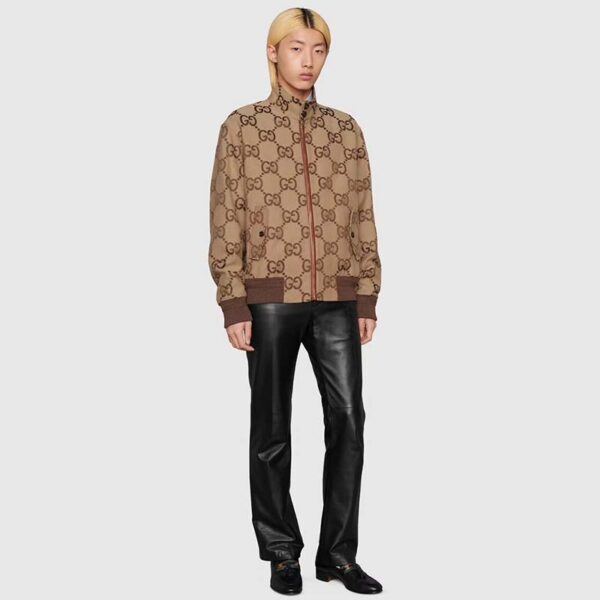 Gucci Men Jumbo GG Canvas Jacket Beige Ebony Jumbo Cotton Wool Leather (15)