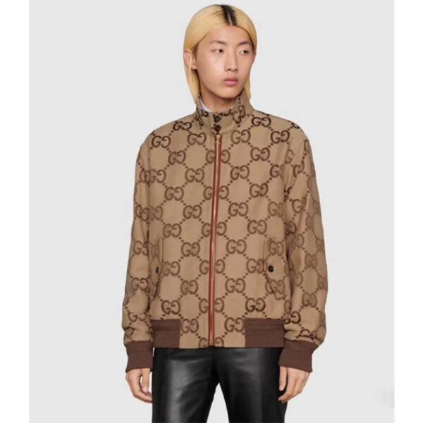 Gucci Men Jumbo GG Canvas Jacket Beige Ebony Jumbo Cotton Wool Leather (2)