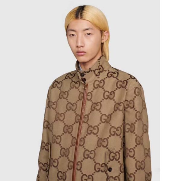 Gucci Men Jumbo GG Canvas Jacket Beige Ebony Jumbo Cotton Wool Leather (3)