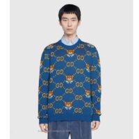 Gucci Men KAI x Gucci GG Jacquard Jumper Dark Blue Teddy Bear Wool Cotton Blend Crewneck