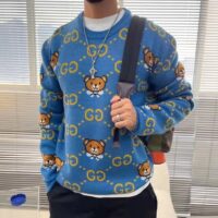 Gucci Men KAI x Gucci GG Jacquard Jumper Dark Blue Teddy Bear Wool Cotton Blend Crewneck