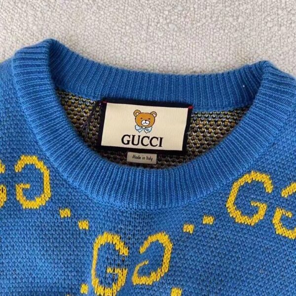 Gucci Men KAI x Gucci GG Jacquard Jumper Dark Blue Teddy Bear Wool Cotton Blend Crewneck (9)