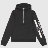 Gucci Men Logo Print Hooded Sweatshirt Black Heavy Felted Organic Cotton Jersey (2)