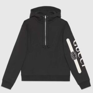 Gucci Men Logo Print Hooded Sweatshirt Black Heavy Felted Organic Cotton Jersey