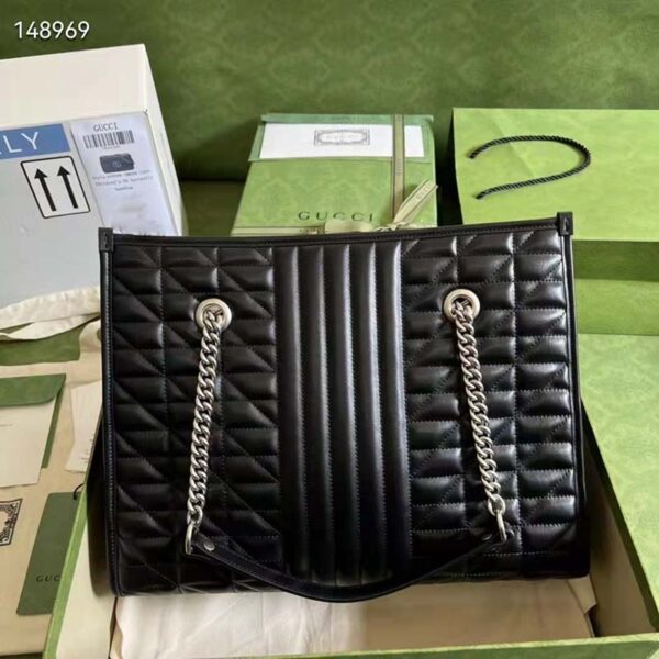 Gucci Unisex GG Marmont Medium Tote Bag Black Matelassé Leather Double G (1)