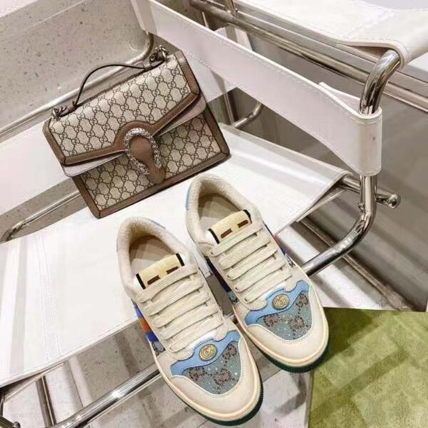 Gucci Unisex Screener Sneaker Crystals Brown Blue GG Canvas 3.6 cm Heel (12)