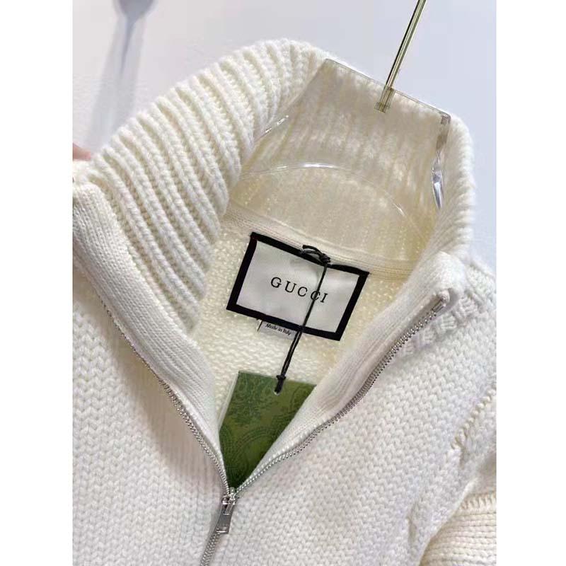Gucci Men GG Cable Knit Bomber Jacket Off-White Cable Knit Wool