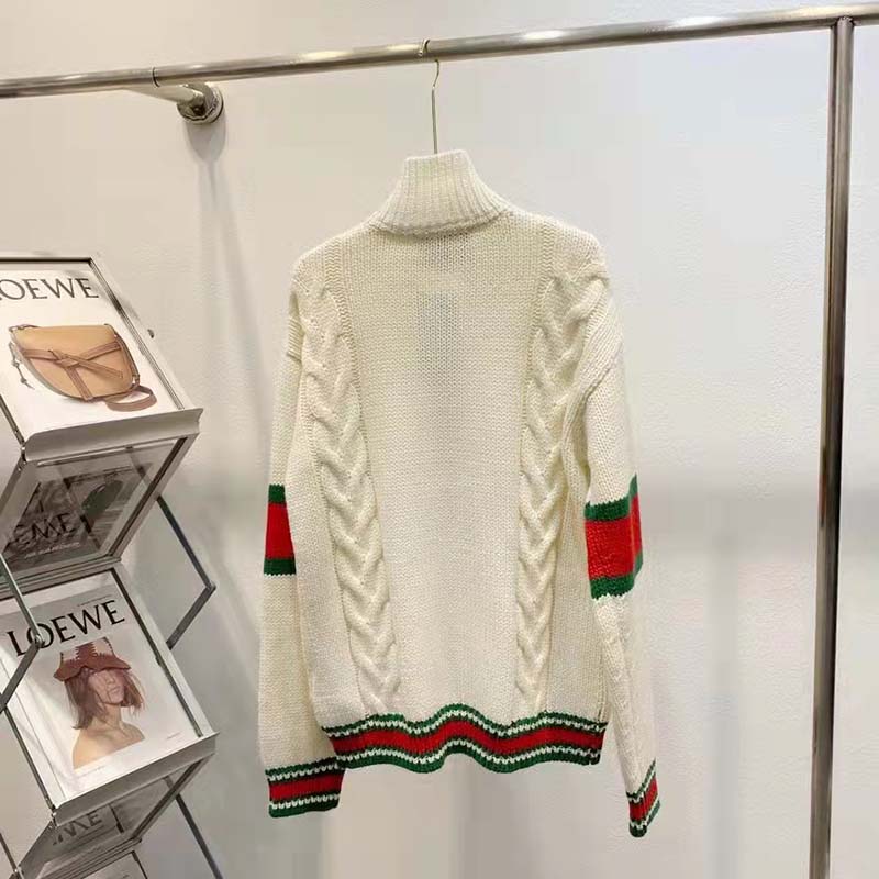 Gucci Men GG Cable Knit Bomber Jacket Off-White Cable Knit Wool