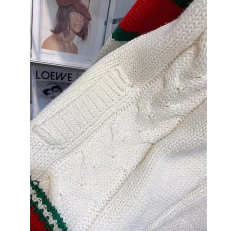 Gucci Men GG Cable Knit Bomber Jacket Off-White Cable Knit Wool