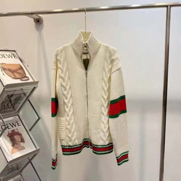 Gucci Women GG Cable Knit Bomber Jacket Off-White Cable Knit Wool (16)