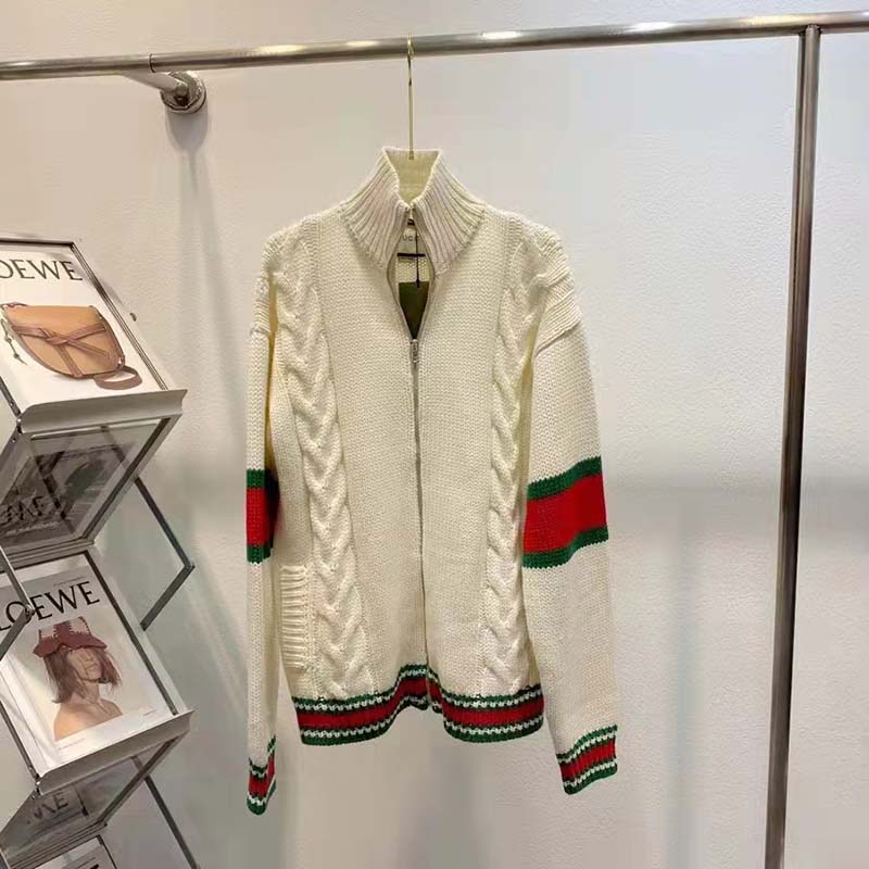 Gucci Men GG Cable Knit Bomber Jacket Off-White Cable Knit Wool