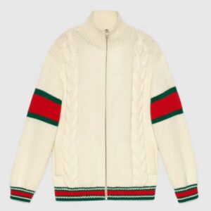 Gucci Women GG Cable Knit Bomber Jacket Off-White Cable Knit Wool