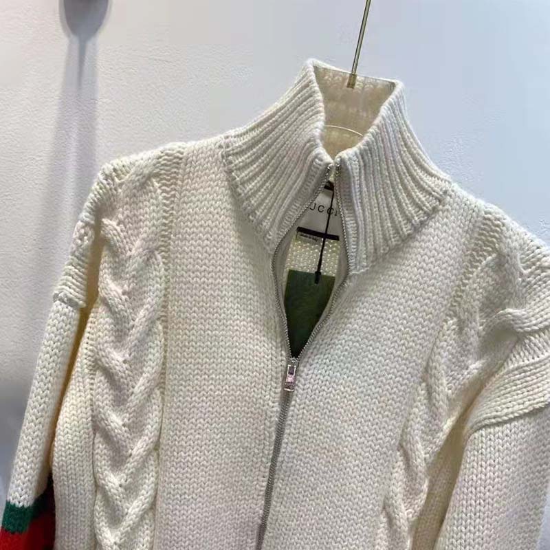 Gucci Men GG Cable Knit Bomber Jacket Off-White Cable Knit Wool