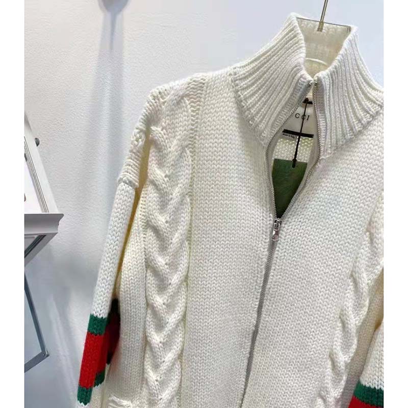 Gucci Men GG Cable Knit Bomber Jacket Off-White Cable Knit Wool