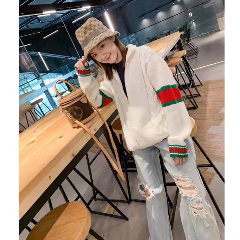 Gucci Women GG Cable Knit Bomber Jacket Off-White Cable Knit Wool