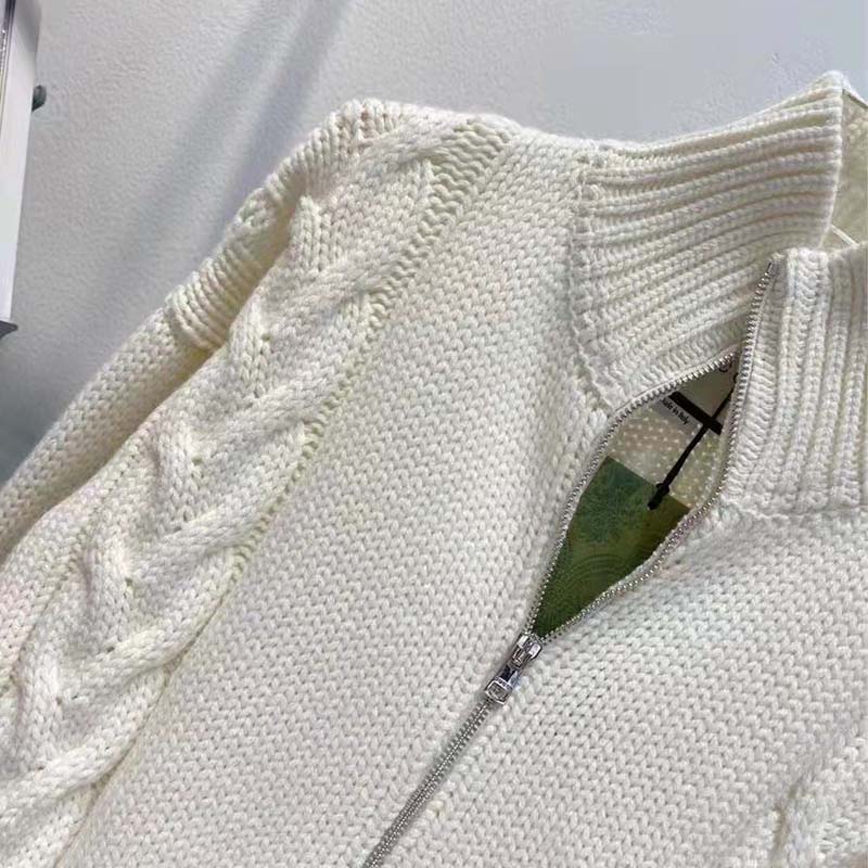 Gucci Men GG Cable Knit Bomber Jacket Off-White Cable Knit Wool