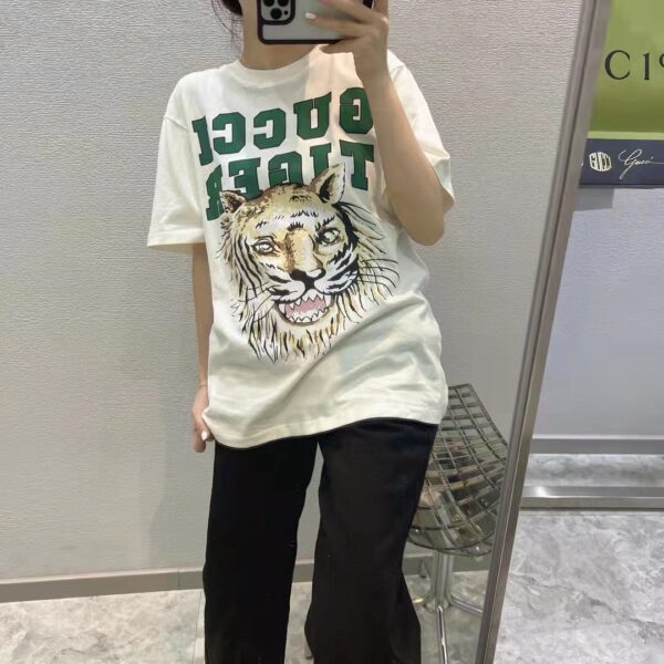 Gucci Women GG Tiger Cotton T-Shirt White Jersey Tiger Head Crewneck (15)