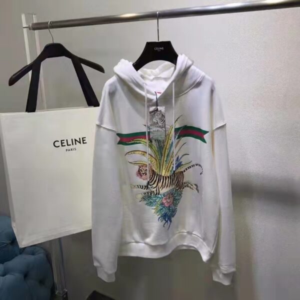 Gucci Women GG Tiger Hooded Sweatshirt Ivory Felted Cotton Jersey Fixed Hood (2)