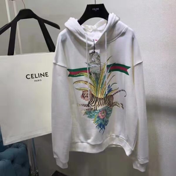 Gucci Women GG Tiger Hooded Sweatshirt Ivory Felted Cotton Jersey Fixed Hood (3)