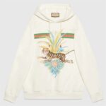 Gucci Women GG Tiger Hooded Sweatshirt Ivory Felted Cotton Jersey Fixed Hood