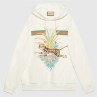 Gucci Women GG Tiger Hooded Sweatshirt Ivory Felted Cotton Jersey Fixed Hood