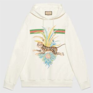 Gucci Women GG Tiger Hooded Sweatshirt Ivory Felted Cotton Jersey Fixed Hood