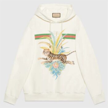 Gucci Women GG Tiger Hooded Sweatshirt Ivory Felted Cotton Jersey Fixed Hood