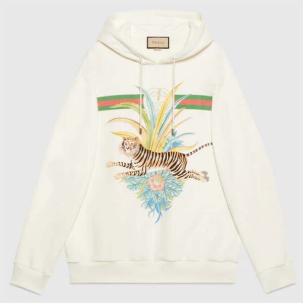 Gucci Women GG Tiger Hooded Sweatshirt Ivory Felted Cotton Jersey Fixed Hood (7)