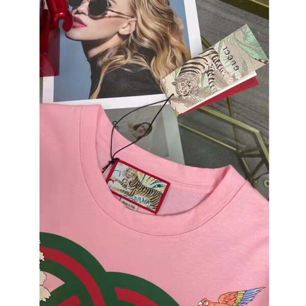 Gucci Women GG Tiger Interlocking G T-Shirt Pink Cotton Jersey Flower Crewneck Oversize Fit (2)