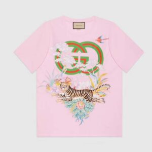 Gucci Women GG Tiger Interlocking G T-Shirt Pink Cotton Jersey Flower Crewneck Oversize Fit