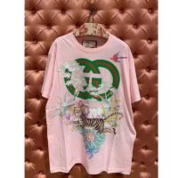 Gucci Women GG Tiger Interlocking G T-Shirt Pink Cotton Jersey Flower Crewneck Oversize Fit (3)