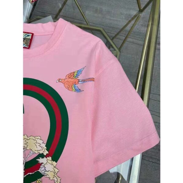 Gucci Women GG Tiger Interlocking G T-Shirt Pink Cotton Jersey Flower Crewneck Oversize Fit (6)