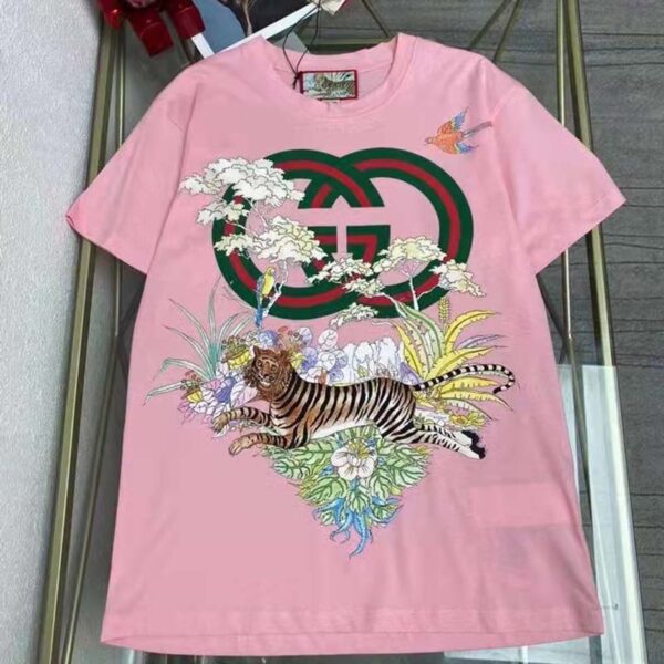 Gucci Women GG Tiger Interlocking G T-Shirt Pink Cotton Jersey Flower Crewneck Oversize Fit (7)