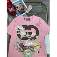 Gucci Women GG Tiger Interlocking G T-Shirt Pink Cotton Jersey Flower Crewneck Oversize Fit (3)