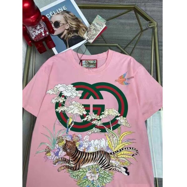 Gucci Women GG Tiger Interlocking G T-Shirt Pink Cotton Jersey Flower Crewneck Oversize Fit (8)