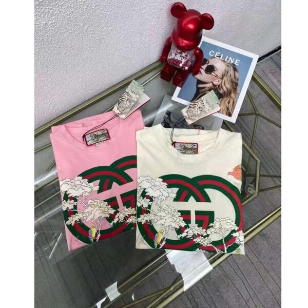 Gucci Women GG Tiger Interlocking G T-Shirt Pink Cotton Jersey Flower Crewneck Oversize Fit (9)